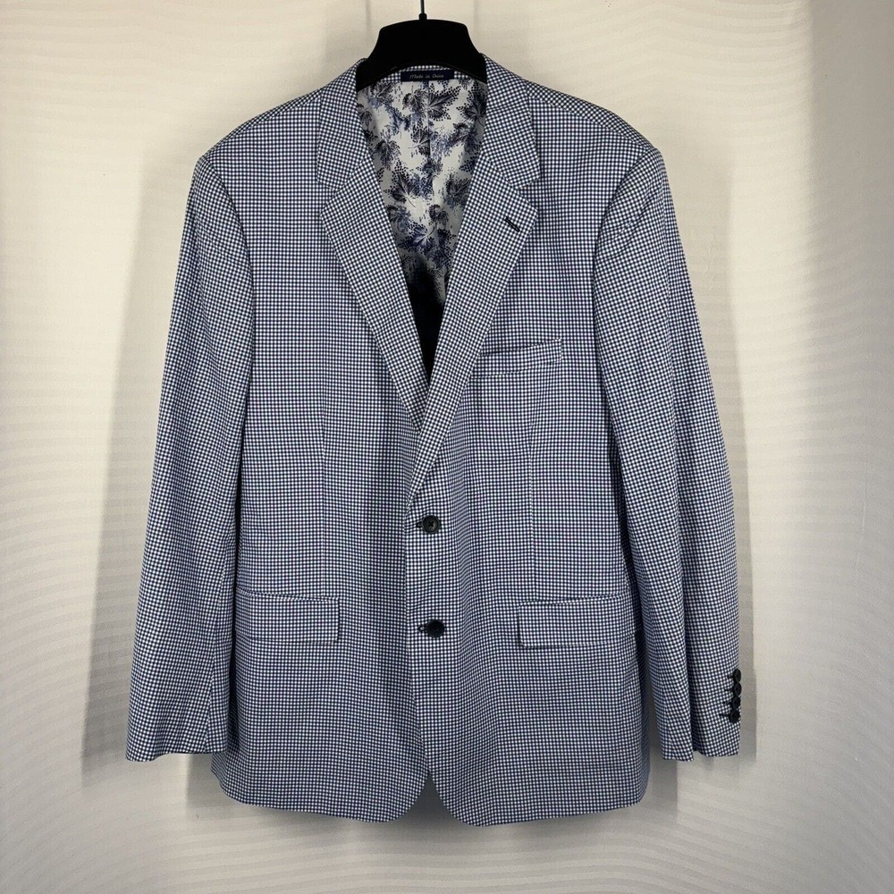 Alan Flusser Linen Rayon Gingham plaid Blue Blazer Paisley Lined Mens Size L